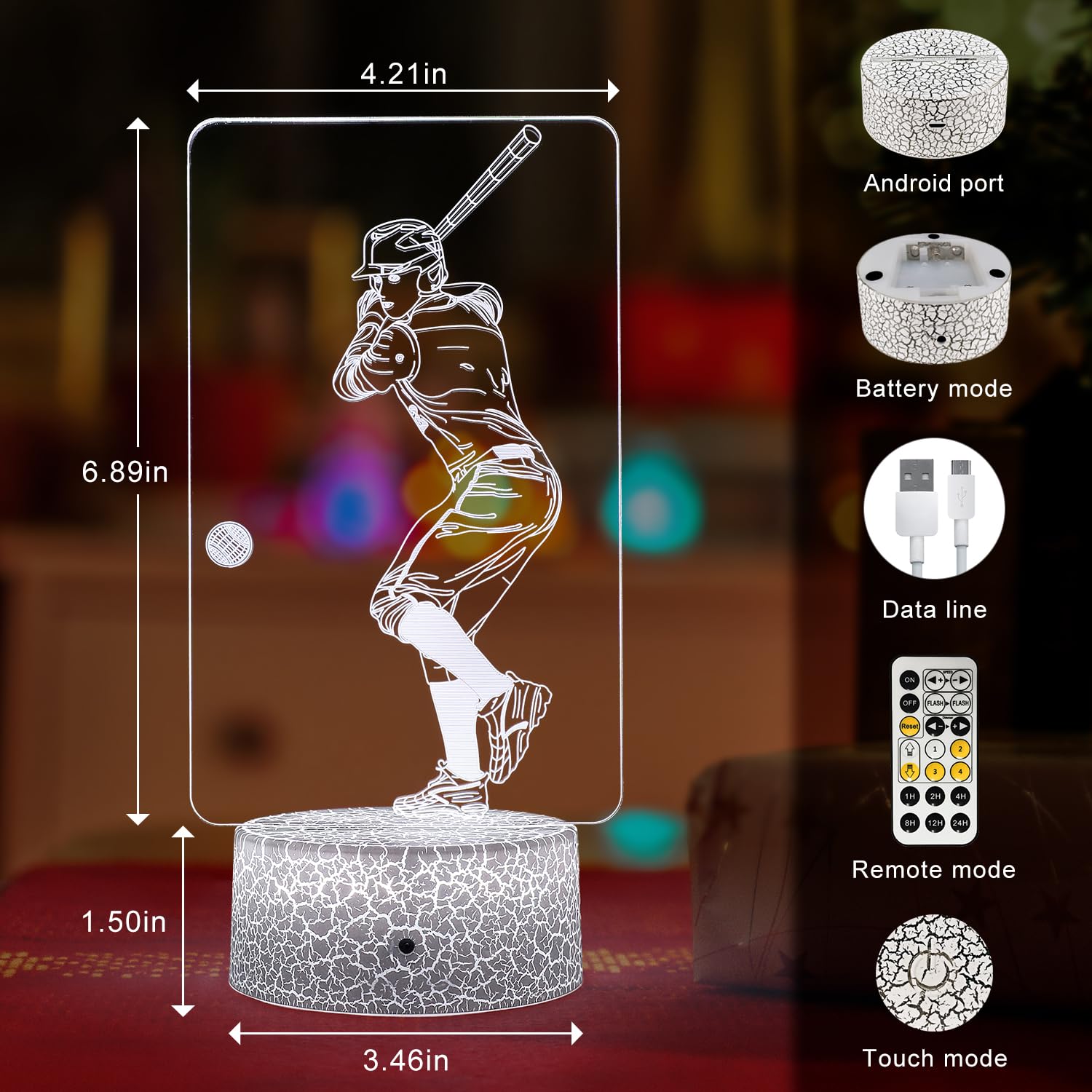 FlyonSea Baseball Light,Baseball Gifts Bedside Lamp 7 Colors Change + Remote Control with Timer Kids Night Light Optical Illusion Lamps for Boys Gift Ideas for Boys or Kids