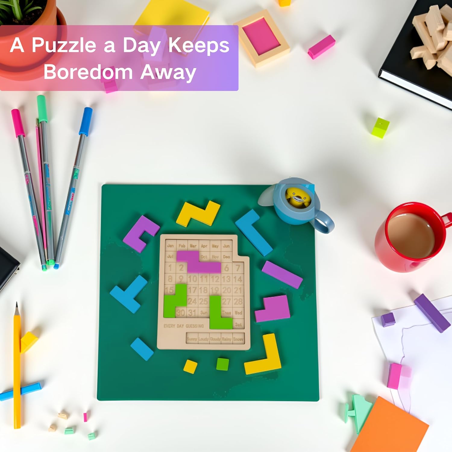 Wooden Daily Calendar Puzzle - 365 Days of Challenges | Stylish Desk Block Calendar for Home & Office