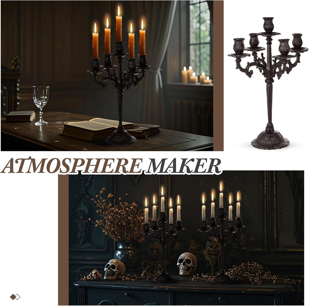 Mumufy Black 5-Arm Candelabra - Vintage Gothic Cast Iron Candle Holders | 16.7" Tall Centerpieces for Events