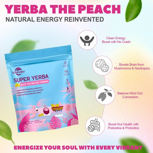 VitaCoeur Yerba Mate Instant Tea Powder with Nootropics, Yerba Mate Tea Supports Energy, Focus and Gut Health-Clean Energy & Boost Brain Fog Buster| Sugar-free Yerba Magic | Peach Mango Flavor-30 Servings