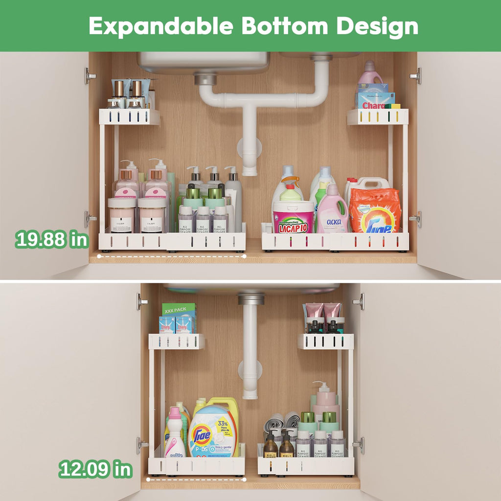 REALINN Under Sink Organizer, 2 Tier Expandable Under Cabinet Organizer, Heights Adjustable Pull Out Storage for Kitchen Bathroom Laundry, White, 2 Pack