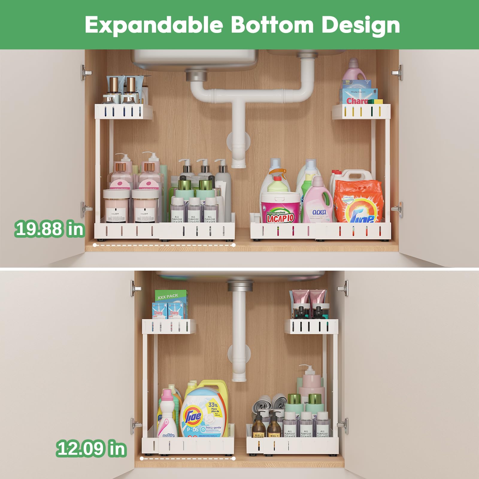 REALINN Under Sink Organizer, 2 Tier Expandable Under Cabinet Organizer, Heights Adjustable Pull Out Storage for Kitchen Bathroom Laundry, White, 2 Pack