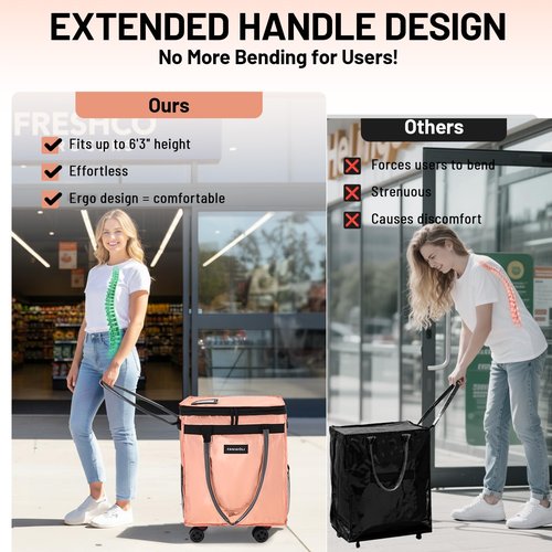 (Large) Fanwoli Reusable Grocery Bag on Wheels with Upgraded Wrinkle-Resistant Fabric | Enhanced Stability Wheels & Extended Handle | Foldable Shopping Trolley for Laundry, Carries Up to 66 L