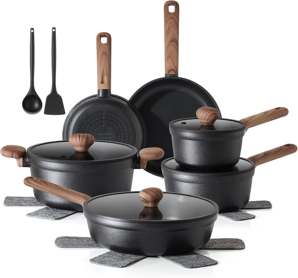 SENSARTE Nonstick Cookware Set - 17-Piece Induction Kitchen Set with Skillets & Saucepans | Matte Black, Dishwasher Safe