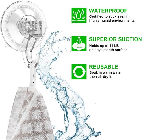 LUXEAR Suction Cup Hooks - 6 Pack Reusable Waterproof Hooks for Shower, Bathroom, Kitchen | Clear Design