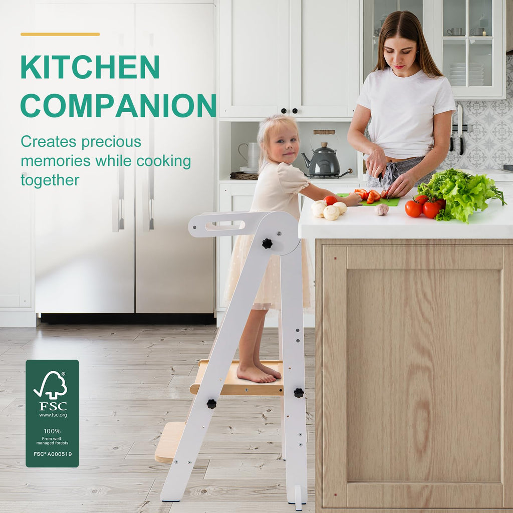 Foldable Toddler Tower, Kitchen Stool Helper, Standing Tower with 3 Adjustable Heights and Non-Slip-Strips, Kitchen Tower for Kids 1.5-6 Years, Montessori Stool for Counter Sink (White)