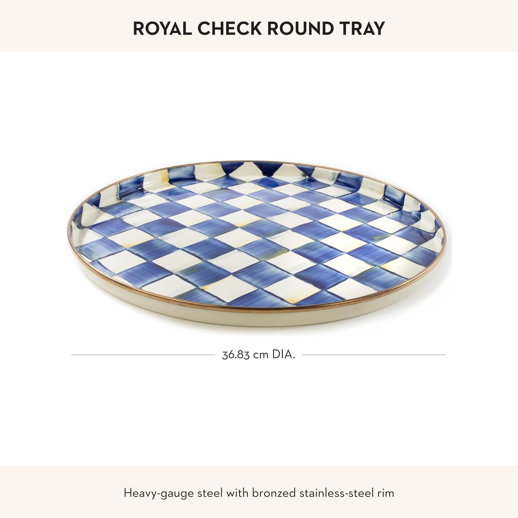 MACKENZIE-CHILDS Enamel Round Tray, Unique Serving Platter for Food and Drinks, Blue-and-White Royal Check