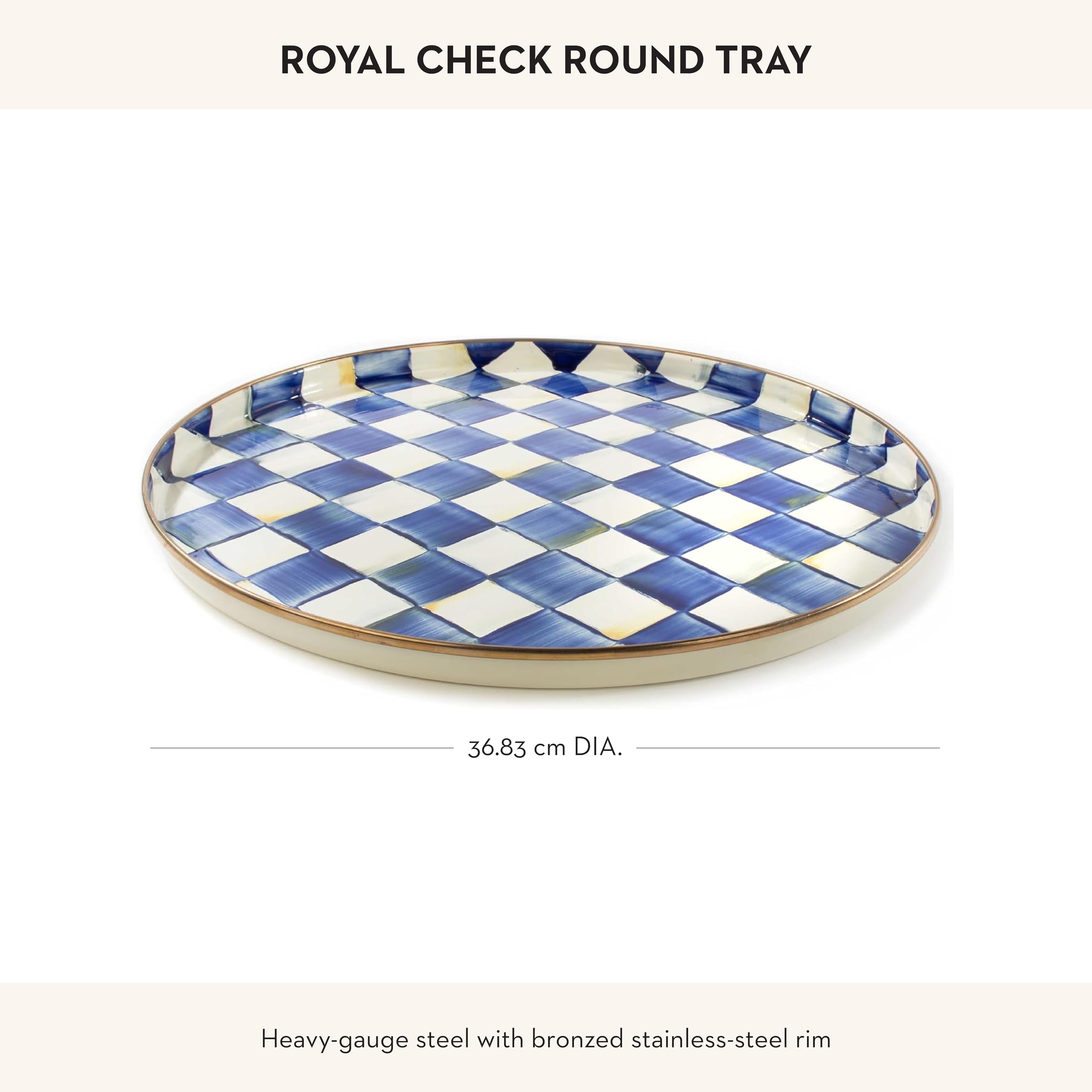 MACKENZIE-CHILDS Enamel Round Tray, Unique Serving Platter for Food and Drinks, Blue-and-White Royal Check