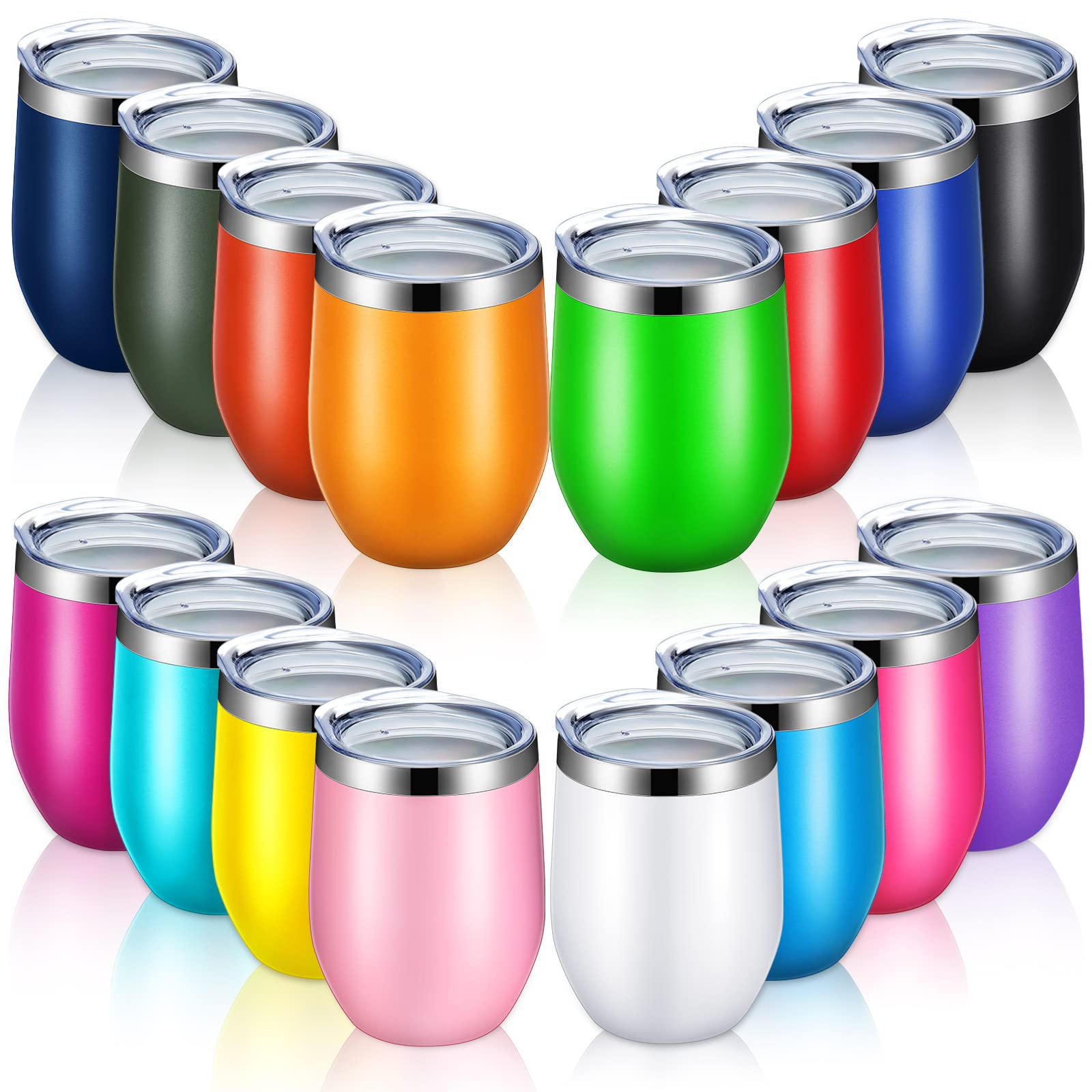 Vesici 16 Pack Wine Tumblers with Lid 12oz Stainless Steel Travel Mugs Stemless Double Wall Vacuum Insulated Wine Glasses Tumbler Bulk for Hot or Cold, Cocktails, Champaign, Whiskey, 16 Colors