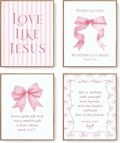 LARTSFRO Coquette Pink Bow Wall Art - Inspirational Christian Decor for Bedroom & Dorm | Set of 4 Unframed 10x8 Inch Prints