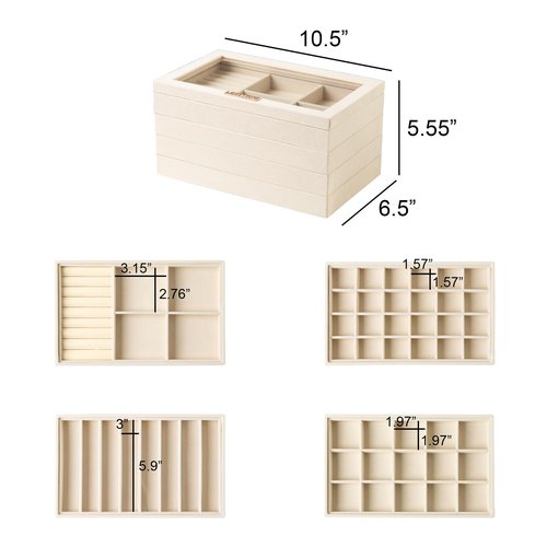 Frebeauty Stackable Jewelry Trays,Velvet Jewelry Organizer for Drawer,5-in-1 Jewelry Storage Box with Lid,Vanity Jewelry Display for Earrings Necklaces Rings,10.5 x 6.5 x 5.55 Inches,Gift for Women