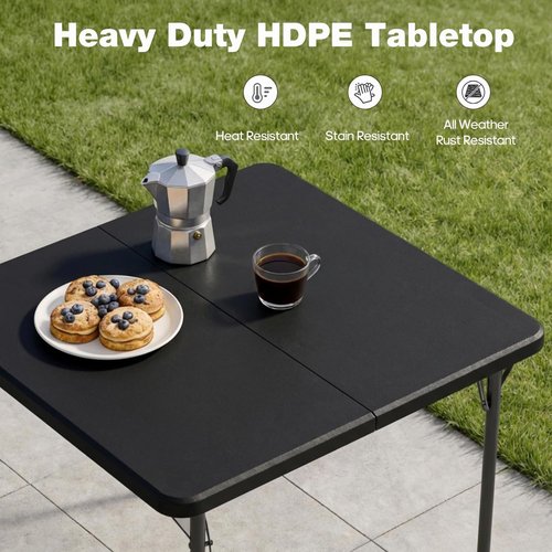 34" Square Folding Table - Heavy-Duty Steel Legs, 330lbs Capacity | Portable Black Picnic Table for 4