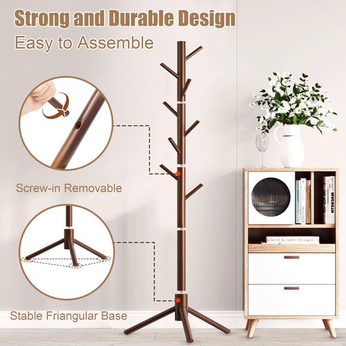 Aliphon Wooden Coat Rack Stand, Freestanding Coat Rack with 8 Hooks, 3 Adjustable Size Coat Tree for Hats, Coats, Scarves bags, Coat Hanger Stand Used in Bedroom/Office/Entryway （Brown）