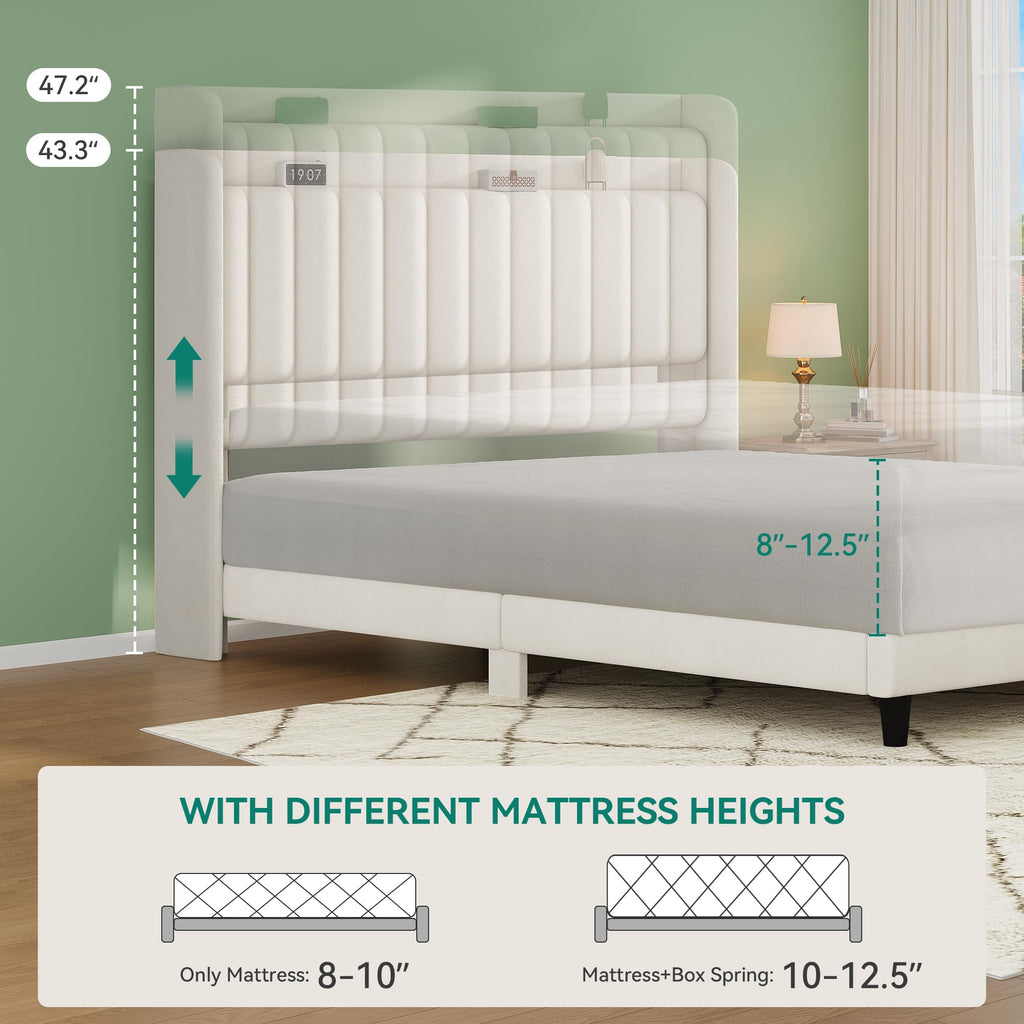 YITAHOME Full Bed Frame with Adjustable Vertical Channel Wingback Headboard, Upholstered Platform Bed with LED Lights, Solid Wood Slat Support, No Box Spring Needed,Beige