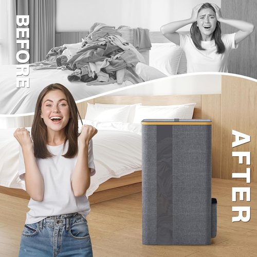 BlissTotes Laundry Basket - 100L Clothes Hamper with Lid & Removable Bag | Breathable Design - Light Grey