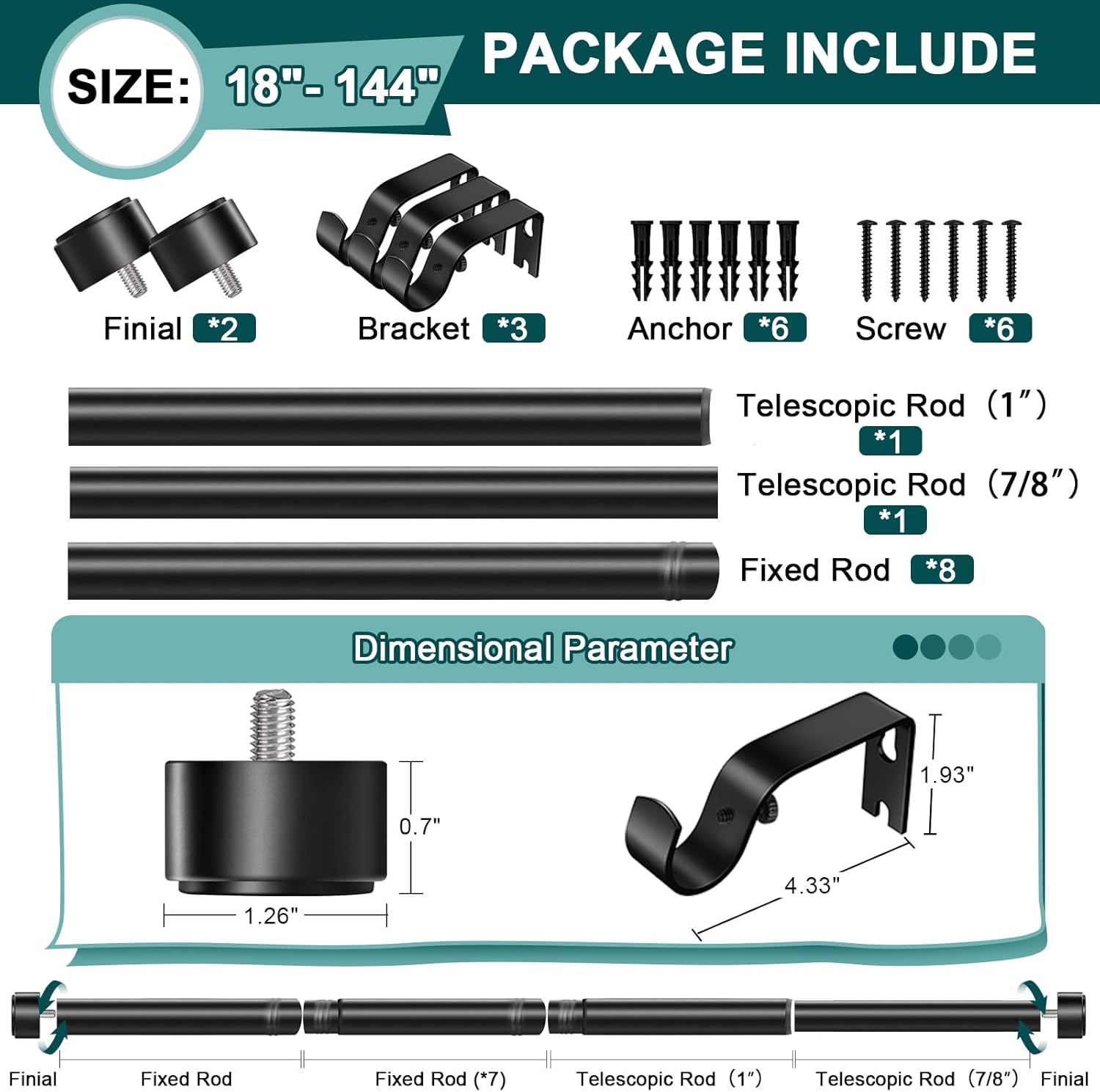 Skiennix Heavy Duty Adjustable Curtain Rod - 72-144 Inch Black Window Treatment, Modern Design