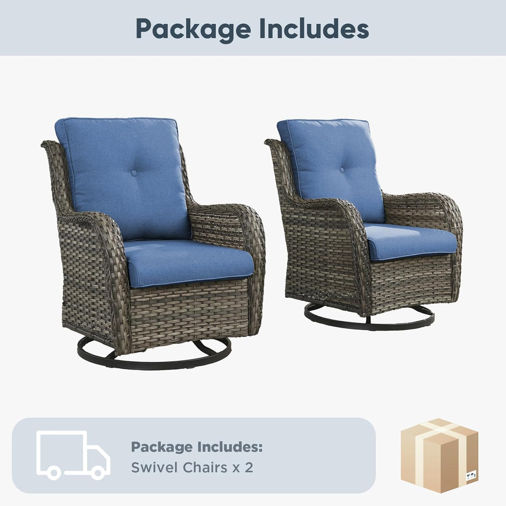 Belord Outdoor Swivel Chairs - Set of 2 All-Weather Wicker Rockers for Patio & Porch - Gray/Blue