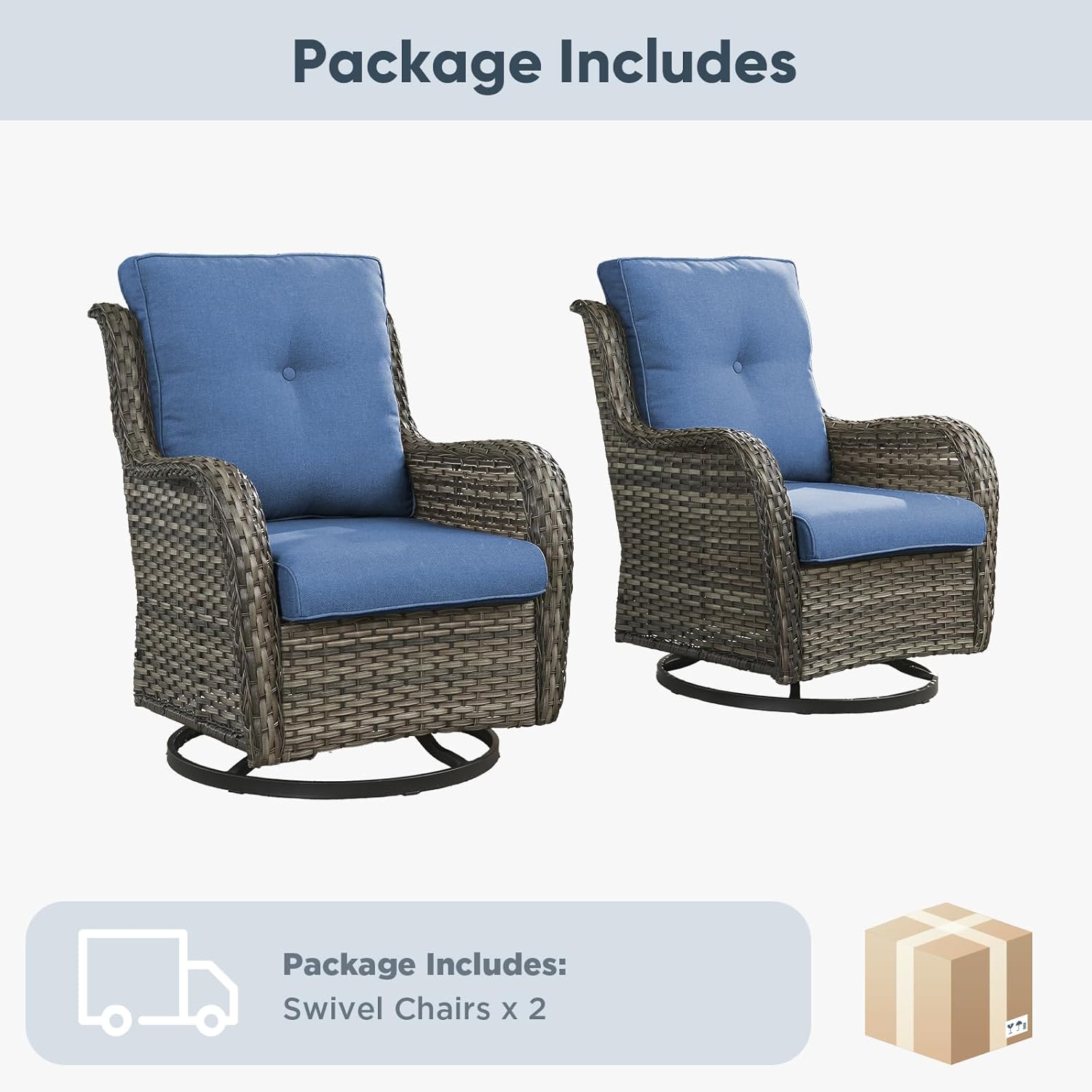 Belord Outdoor Swivel Chairs - Set of 2 All-Weather Wicker Rockers for Patio & Porch - Gray/Blue