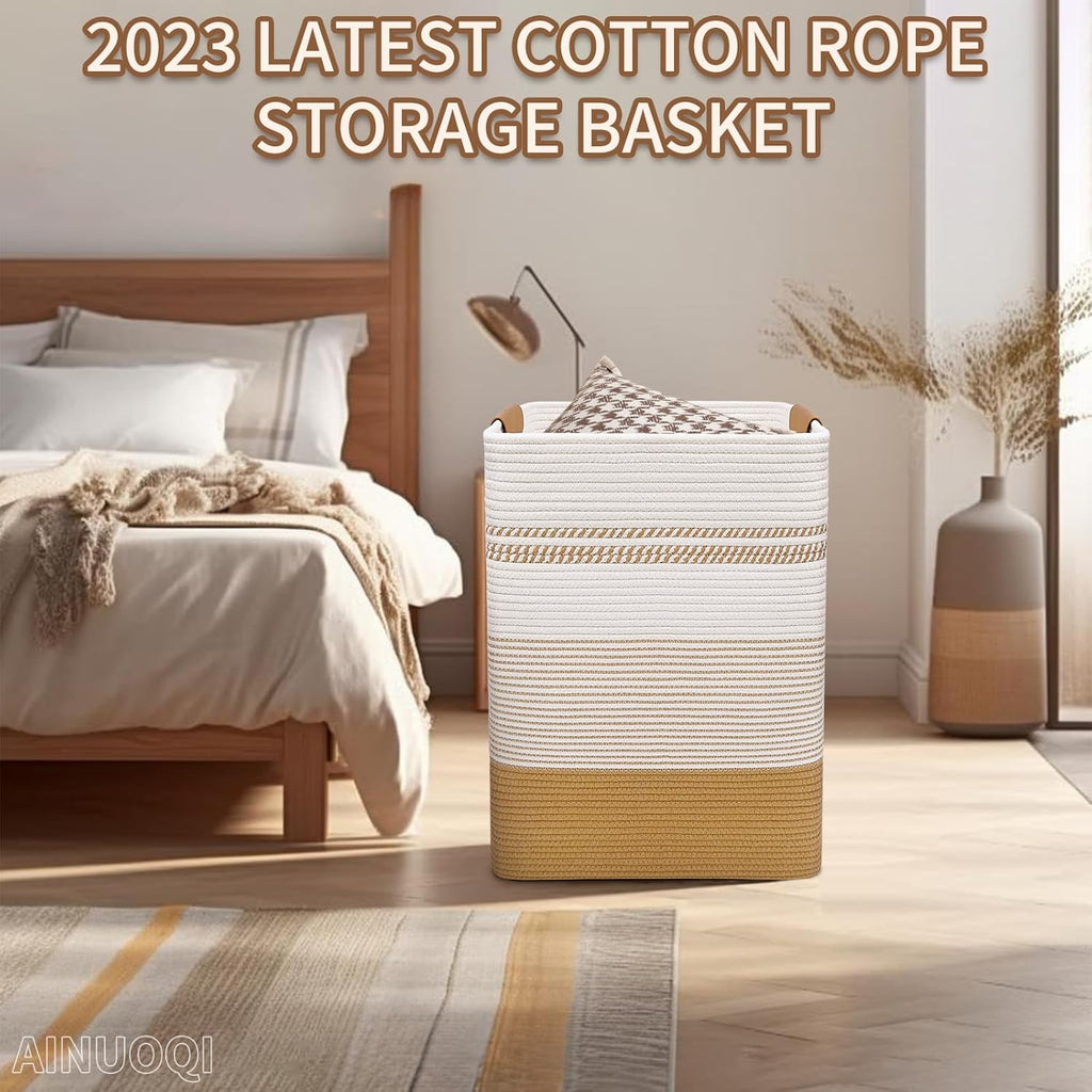Skiennix Large Laundry Hamper - 85L Cotton Rope Woven Storage Bin with Leather Handles | Versatile for Blankets, Toys, and More