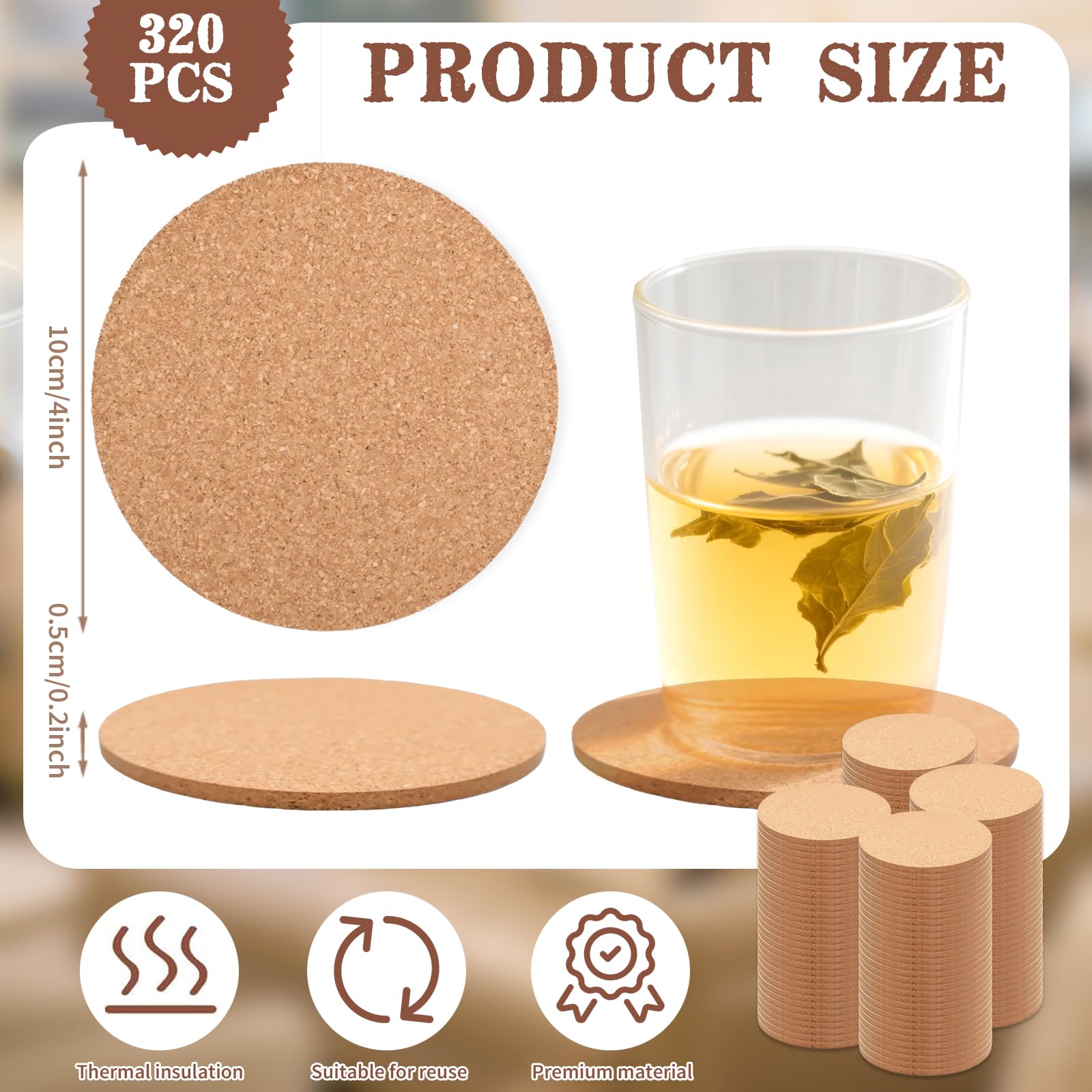 LECEHIVO 320 Pcs Cork Coasters Bulk 4 Inch Absorbent Cork Coasters DIY Blank Trivets for Dishes,Wine Glass,Kitchen,Office, Home Bar