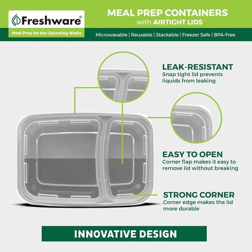 Freshware Meal Prep Containers - 25 Pack 2-Compartment Bento Boxes | BPA-Free, Stackable, Microwave & Freezer Safe (28 oz) - Grey