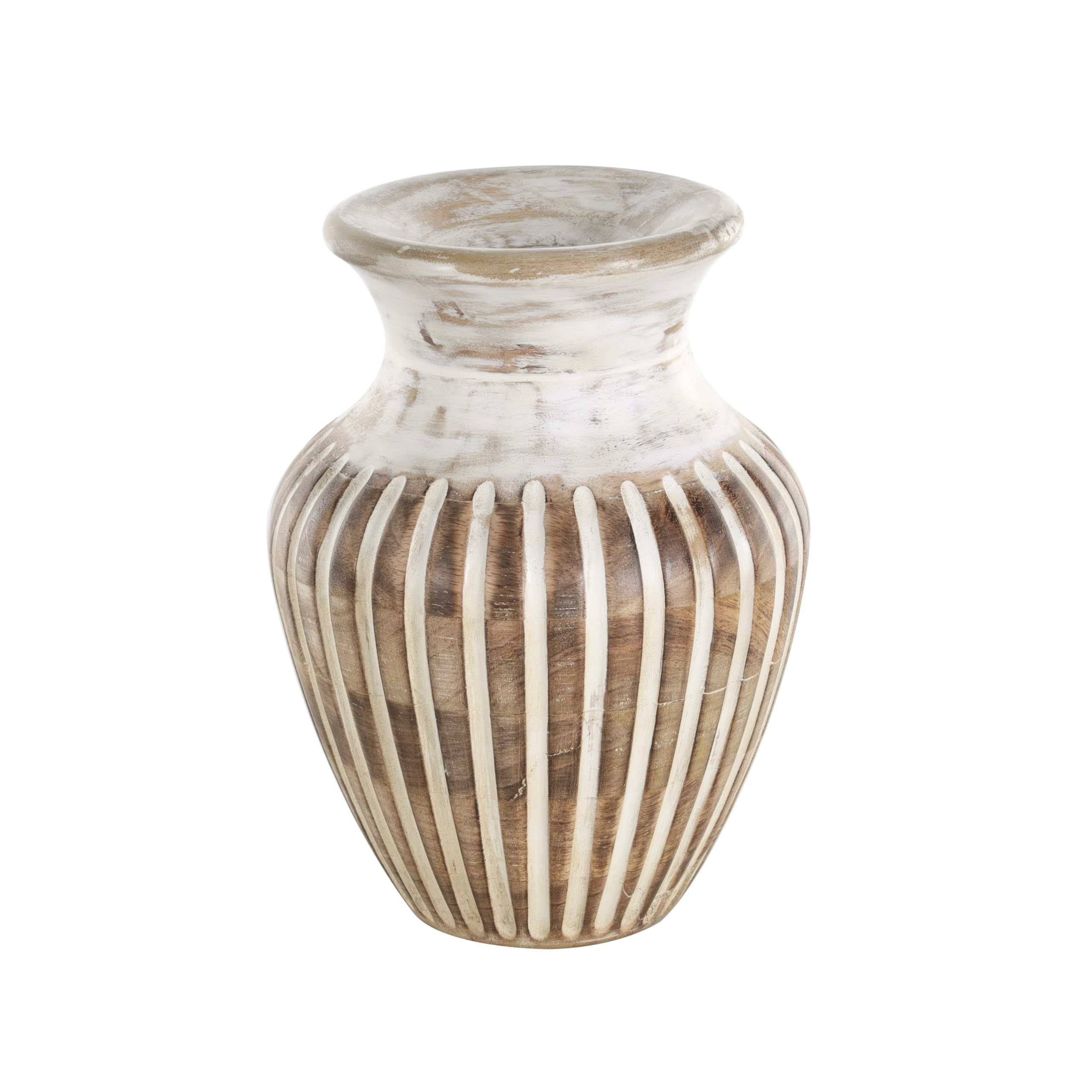 Deco 79 Mango Wood Decorative Vase Distressed Centerpiece Vase with Carved Grooves, Vase for Home Decoration 8" x 8" x 11", Brown