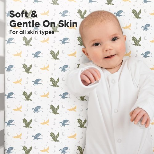 KeaBabies Organic Crib Sheets - 2-Pack Fitted Jersey Cotton for Boys & Girls | Soft, Breathable, Cute Prints (Dragon Tale) 52x28