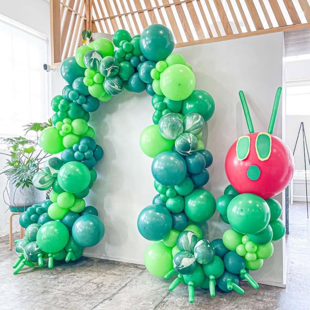 Hungry One Caterpillar Balloon Garland Kit, 164pcs Green Caterpillar Shaped Balloons with Fruit Foil Balloons for First Birthday Decorations Picture Book Story Theme Party Summer Baby Shower Supplies