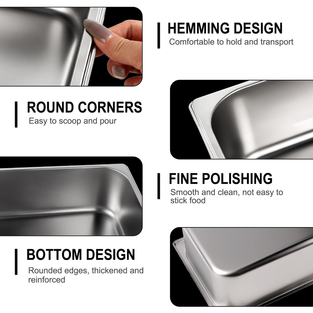 West Bay 4 Pack 1/4 Size Hotel Pan with Lids, 4'' Deep Steam Table Pan with Lid, 10.2''L x 6.3''W Stainless Steel Pans for Home, Party, Hotel, Buffet