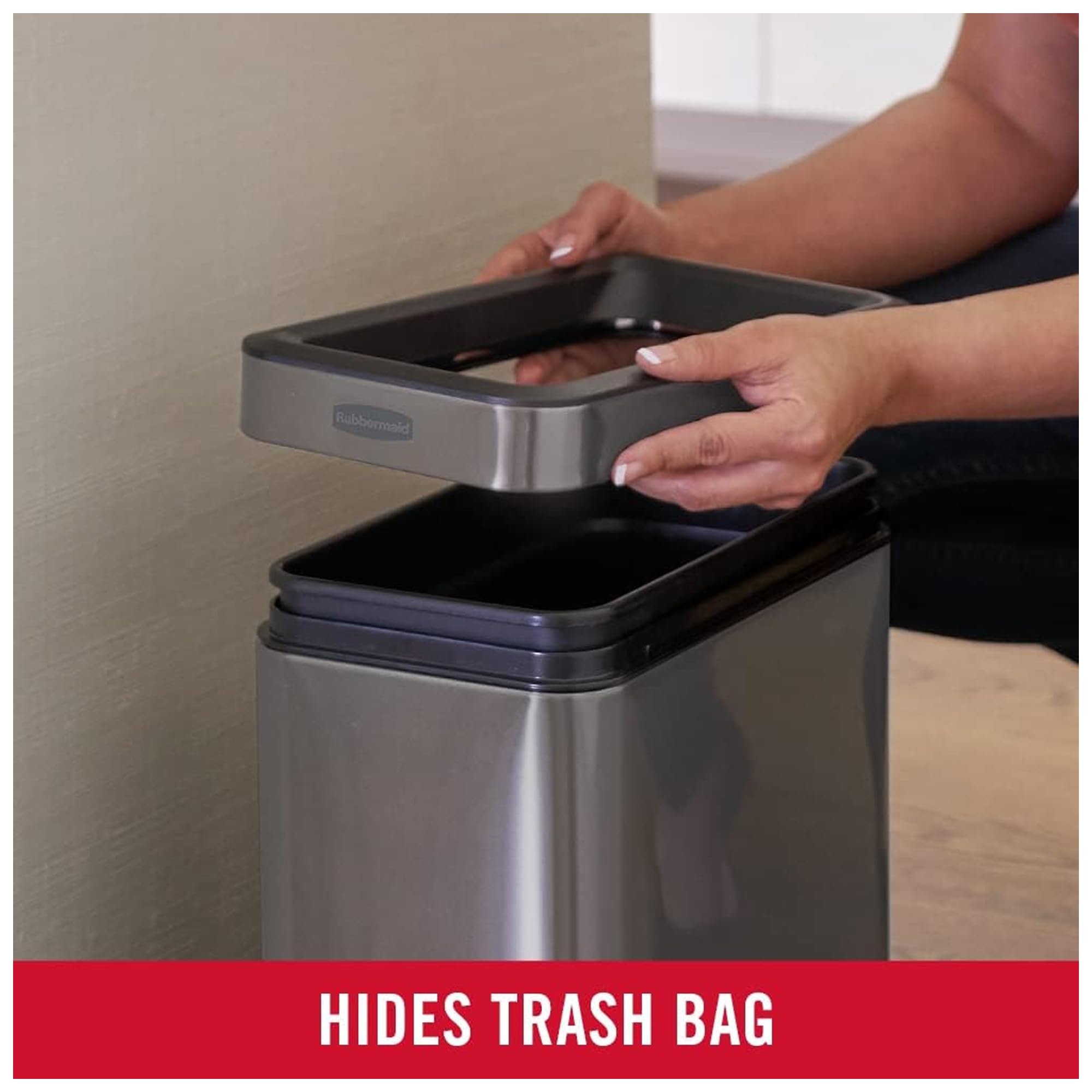 Rubbermaid 2.6-Gallon Charcoal Stainless Steel Wastebasket, Slim Space-Saving Design, Ideal for Home/Office/Bathroom