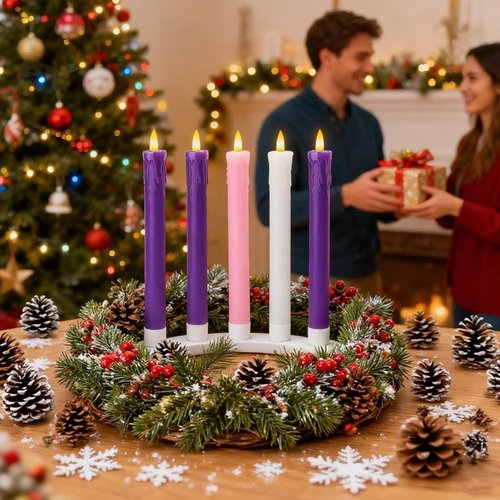 Lezonic Flameless Advent Candles - Battery Operated Set of 5 Wax Taper Candles for Christmas Decor | 3 Purple, 1 Pink, 1 White
