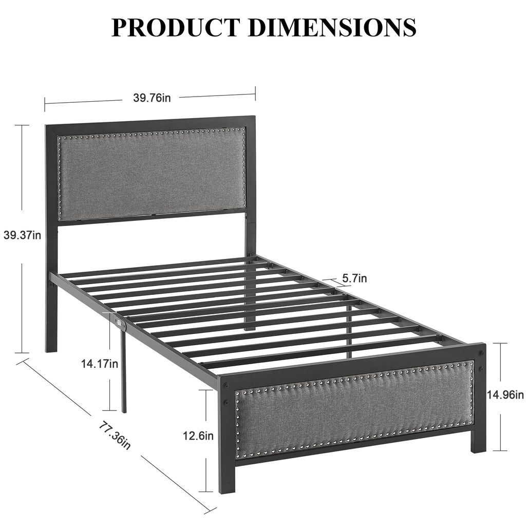 VECELO Twin Size Bed Frame with Upholstered Headboard, Heavy-Duty Platform with Strong Steel Slats, No Box Spring Needed, Easy Assembly, Black&Grey
