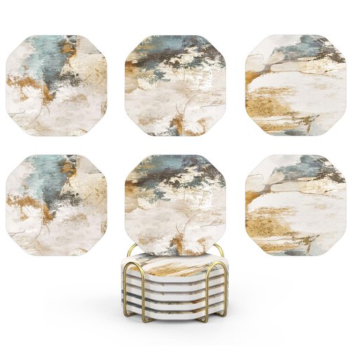 UMIRRO Ceramic Stone Coasters for Drinks Absorbent with Holder for Wooden Coffee Table Decor, Stoneware Cup Coasters for Iced Cold or Hot Drinks, Rustic Retro Boho Style, Gold, 4" Set of 6
