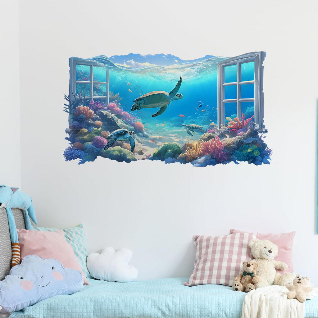 RoyoLam Underwater Scene Sea Turtle Fishes Wall Stickers 3D Fake Window Wall Decals for Kid Removable Peel and Stick Wall Art Home Decor Decoration for Classroom Preschool Living Room Bedroom Bathroom