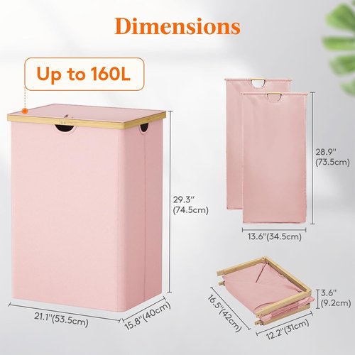 Lifewit 160L Double Laundry Hamper - Extra Large Bamboo Basket with Lid & Removable Liners | Pink