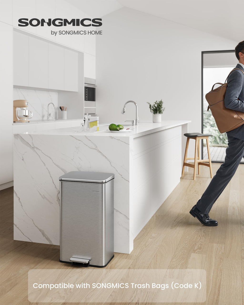 SONGMICS Kitchen Trash Can, 10.5 Gallon (40 L) Garbage Can, Large Step Trash Bin with Lid, Stainless Steel, Soft Close, 15 Trash Bags Included, Silver ULTB540E40