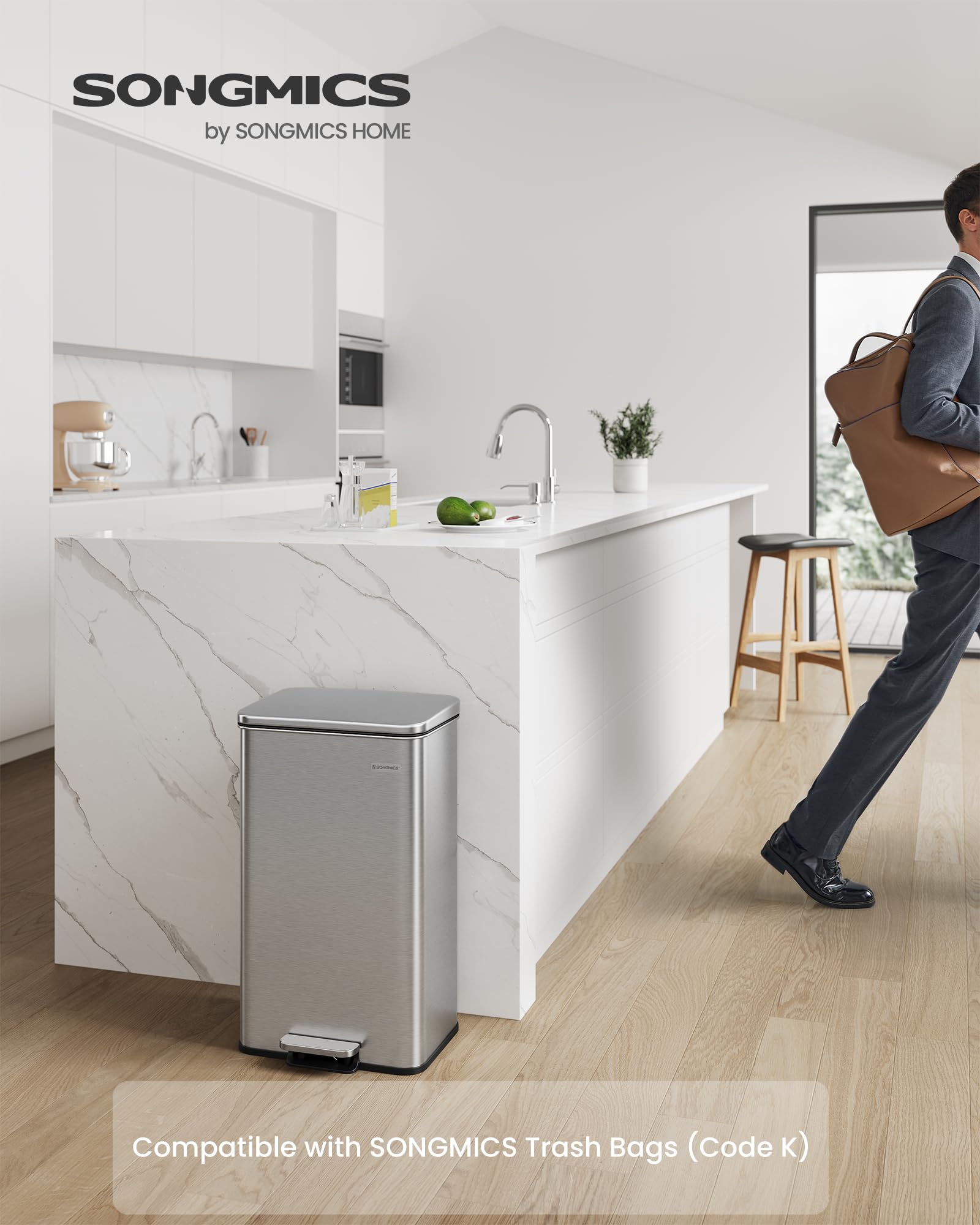 SONGMICS Kitchen Trash Can, 10.5 Gallon (40 L) Garbage Can, Large Step Trash Bin with Lid, Stainless Steel, Soft Close, 15 Trash Bags Included, Silver ULTB540E40