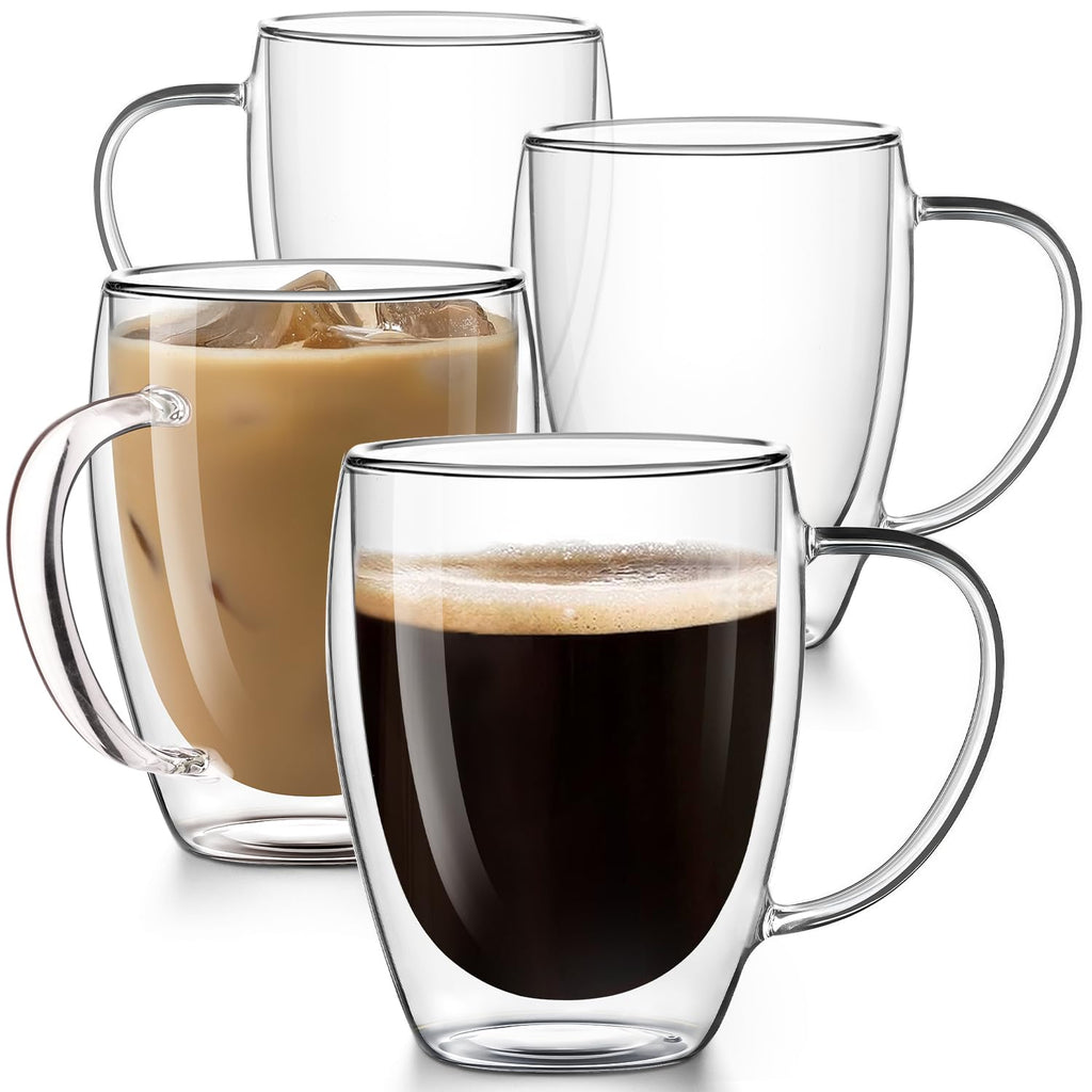 Potdoctor Double Walled Glass Coffee Mugs Set of 4, 12.5OZ Hand Blown Insulated Clear Glass Coffee Cups with Handle,Perfect for Latte,Cappuccino, Espresso, American,Tea Bag, Beverage