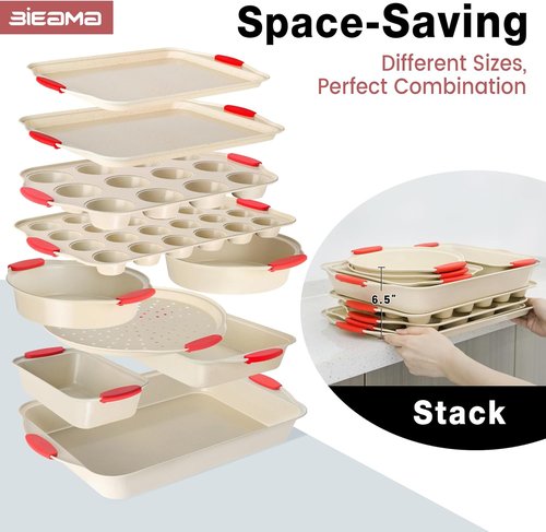 BIEAMA Nonstick Baking Pans Set - 13-Piece BPA-Free Carbon Steel Bakeware - Stackable Cream Design