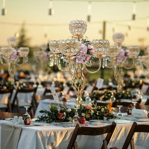 Elegant 5-Arm Candelabra Centerpiece - 23.6 Inch Tall with Crystal Pendants for Weddings & Home Decor