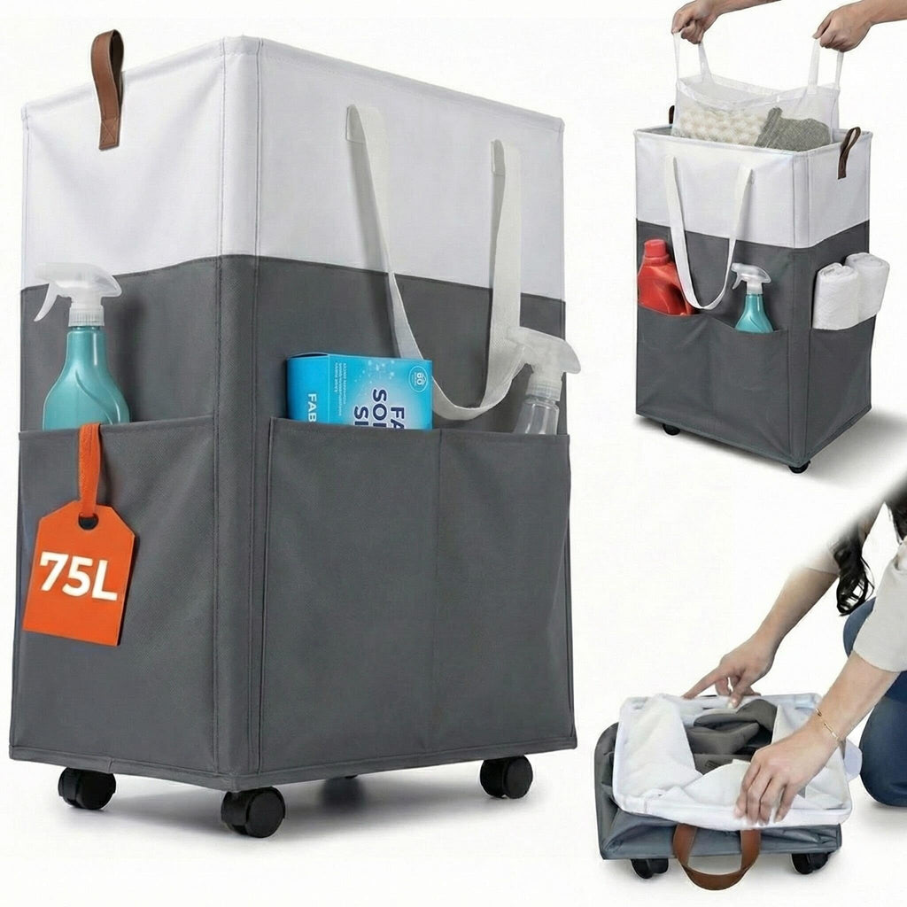 Laundry Basket with Wheels – Foldable, Space-Saving, Fabric Slim Laundry Hamper with Removable Bag and Side Pouches – Lightweight 75L Washing Basket for Clothes, Bedroom, Bathroom, Dorm