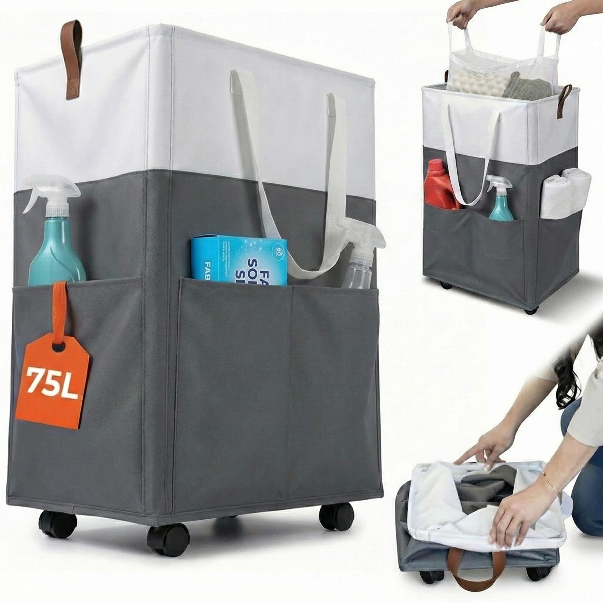 Laundry Basket with Wheels – Foldable, Space-Saving, Fabric Slim Laundry Hamper with Removable Bag and Side Pouches – Lightweight 75L Washing Basket for Clothes, Bedroom, Bathroom, Dorm