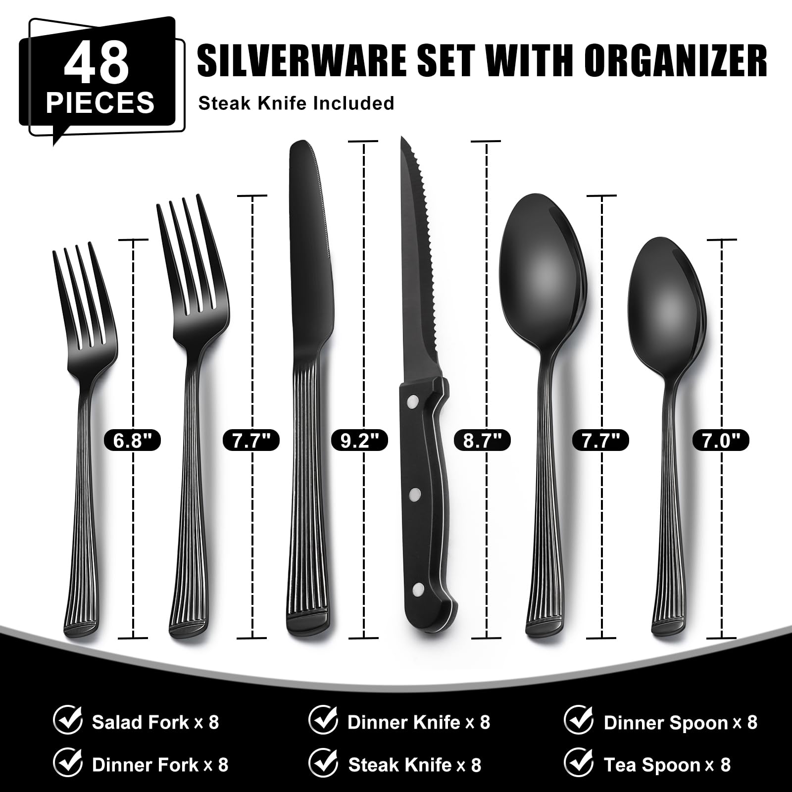 49-Piece Black Silverware Set with Organizer, Food-Grade Stainless Steel Black Flatware for 8, Cutlery Utensil Sets with Steak Knives, Rust-proof, Mirror Polished, Dishwasher Safe, Roman Column