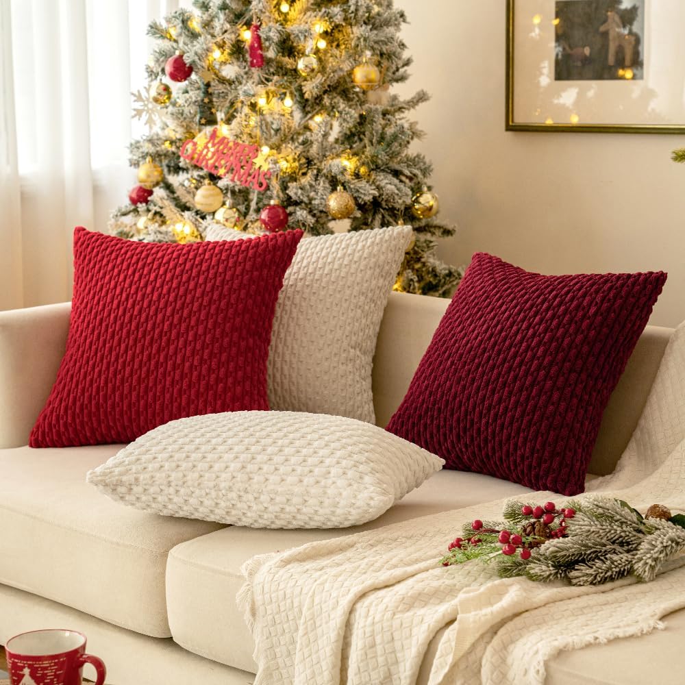 MIULEE Decorative Throw Pillow Covers - Soft Boho Striped Textured Corduroy | 18x18 Inch, Cream White