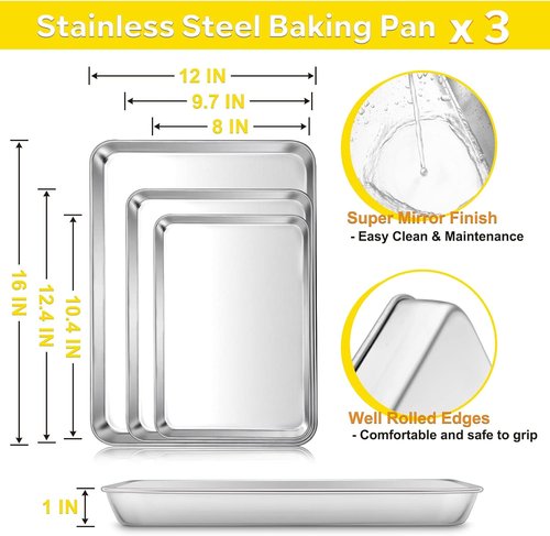 E-far Baking Pans Set - Stainless Steel Sheet Cake Pan Set for Oven | 3 Sizes, Dishwasher Safe
