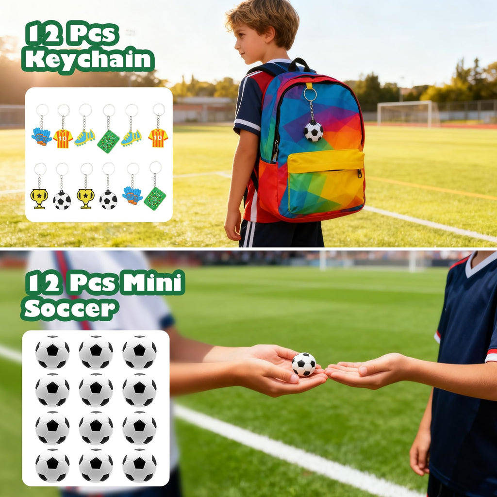 LaJasya 122 Pcs Soccer Party Favors Drawstring Bags Soccer Goodie Bag with Mini Ball, Wristband, Slap bracelets, Keychains, Stickers,Tattoo Stickers for Soccer Themed Party Supplies