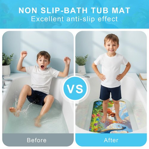 Upgrade Cartoon Baby Bath Mat Non Slip - 40"x16" Extra Long Bathtub Mat for Baby Eco Friendly Durable Bath Mat for Tub Non Slip Kids Tub Mat with Suction Cups, Machine Washable and No Fading, Dinosaur
