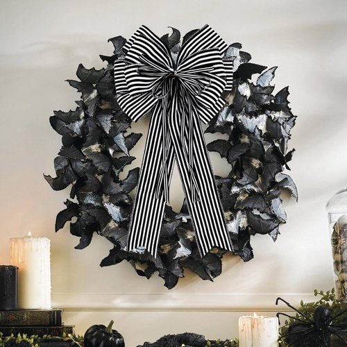 Hongsome Halloween Bows - 2 Pack Black & White Stripe Decor for Wreaths & Tree Toppers | 12” x 20”
