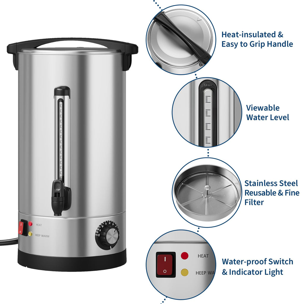 70-Cup Commercial Coffee Urn, 10L / 2.6Gal Double Wall Insulation Coffee Dispenser, Stainless Steel Large Hot Beverage Dispenser with Automatic Temperature Control & Faucet for Party Buffet, Silver