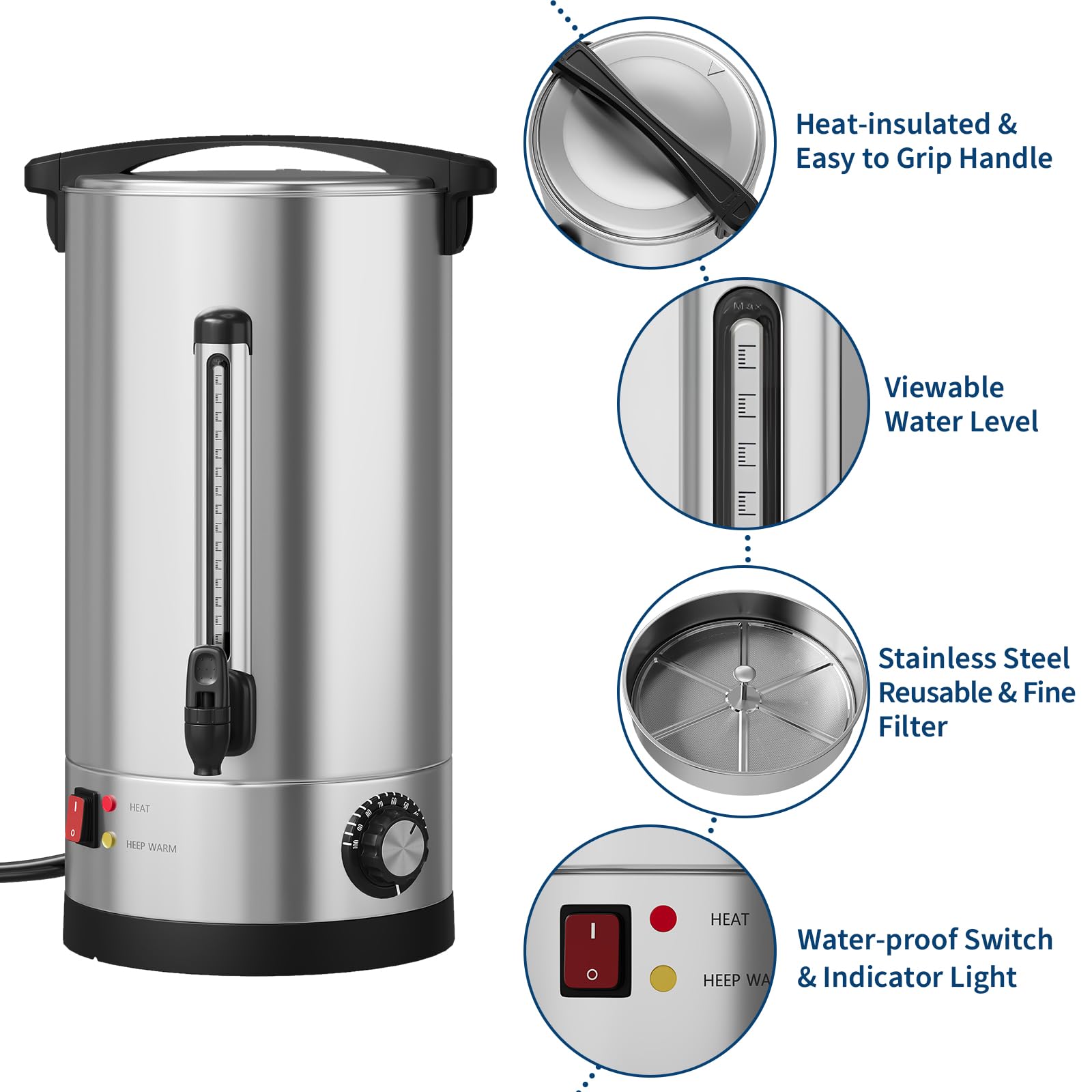 70-Cup Commercial Coffee Urn, 10L / 2.6Gal Double Wall Insulation Coffee Dispenser, Stainless Steel Large Hot Beverage Dispenser with Automatic Temperature Control & Faucet for Party Buffet, Silver